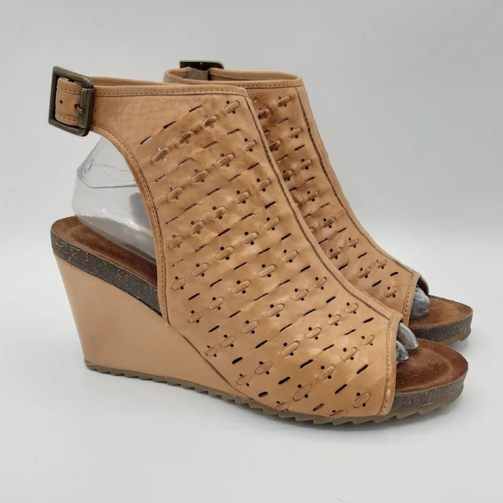 Diba True Leather Boho Tan Perforated Wedge Sandals.